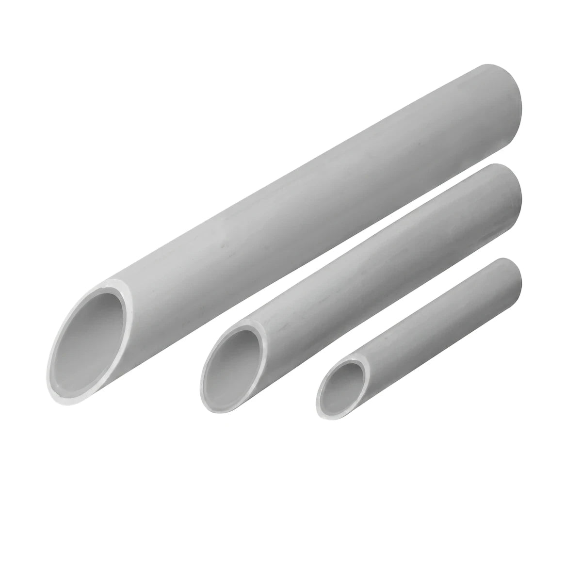 Three grey Cobra Coil Safe plumbing pipes, 22mmx1M, in varying lengths with angled ends, arranged diagonally.