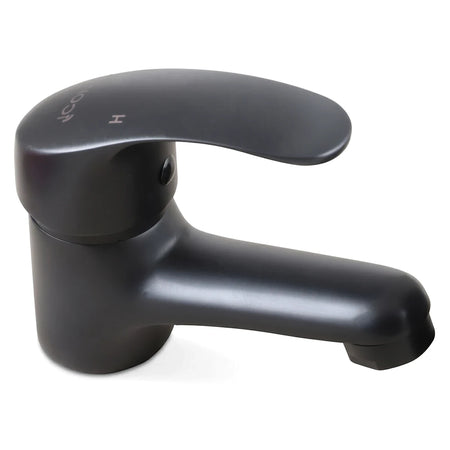 Black Pisces II Basin Mixer faucet, seen from an angled view, showcasing its modern matte finish and ergonomic handle.