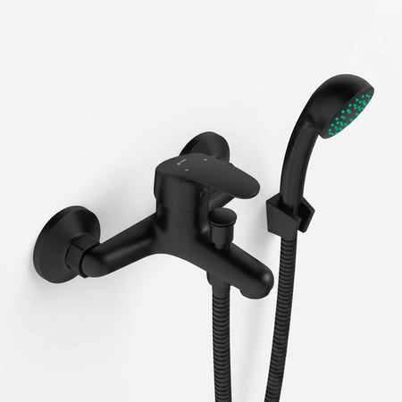 Black Pisces II bath mixer with a single lever handle and an attached shower head and hose, displayed from an elevated angle