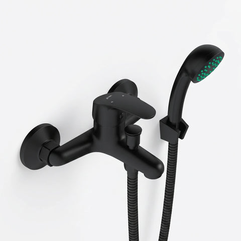 Black Pisces II bath mixer with a single lever handle and an attached shower head and hose, displayed from an elevated angle