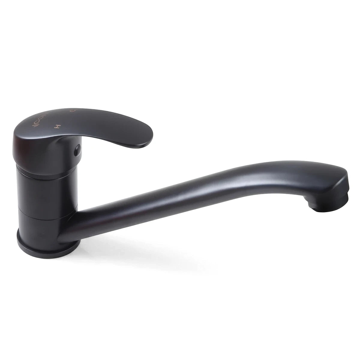 Black Pisces II deck-type sink mixer kitchen faucet with a single lever handle and curved spout design.