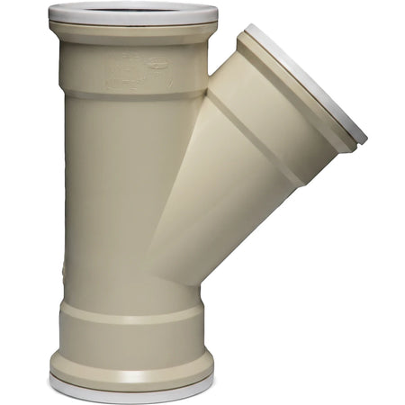 Plain 110mm x 45-degree single junction pipe fitting in a beige color, used for plumbing systems.