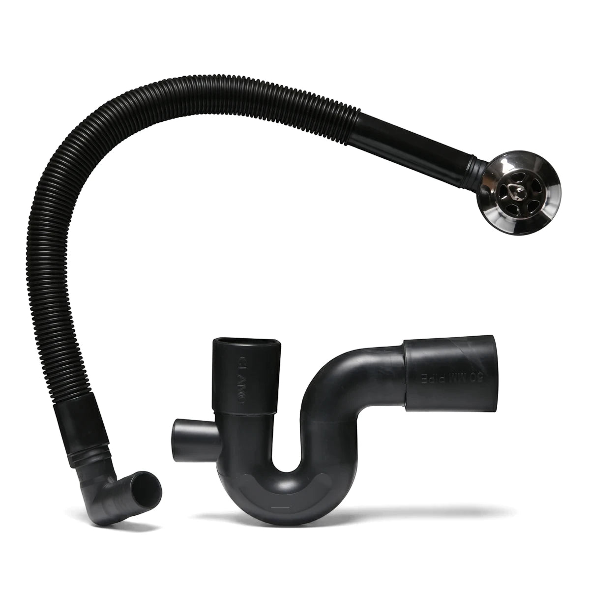 Plain 40mm bath trap with overflow, featuring a black flexible hose, chrome drain fitting, and black S-trap pipe on a white