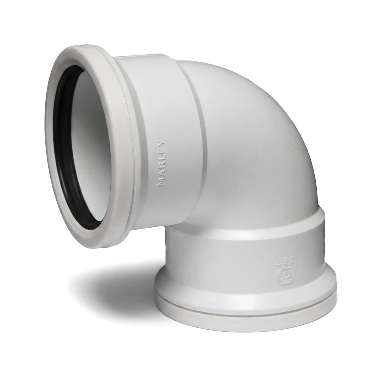 White plastic 75mm x 95-degree plain bend pipe fitting for plumbing systems, shown angled on a white background.