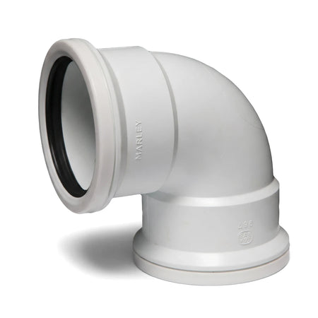 White plastic 75mm x 95-degree plain bend pipe fitting for plumbing systems, shown angled on a white background.