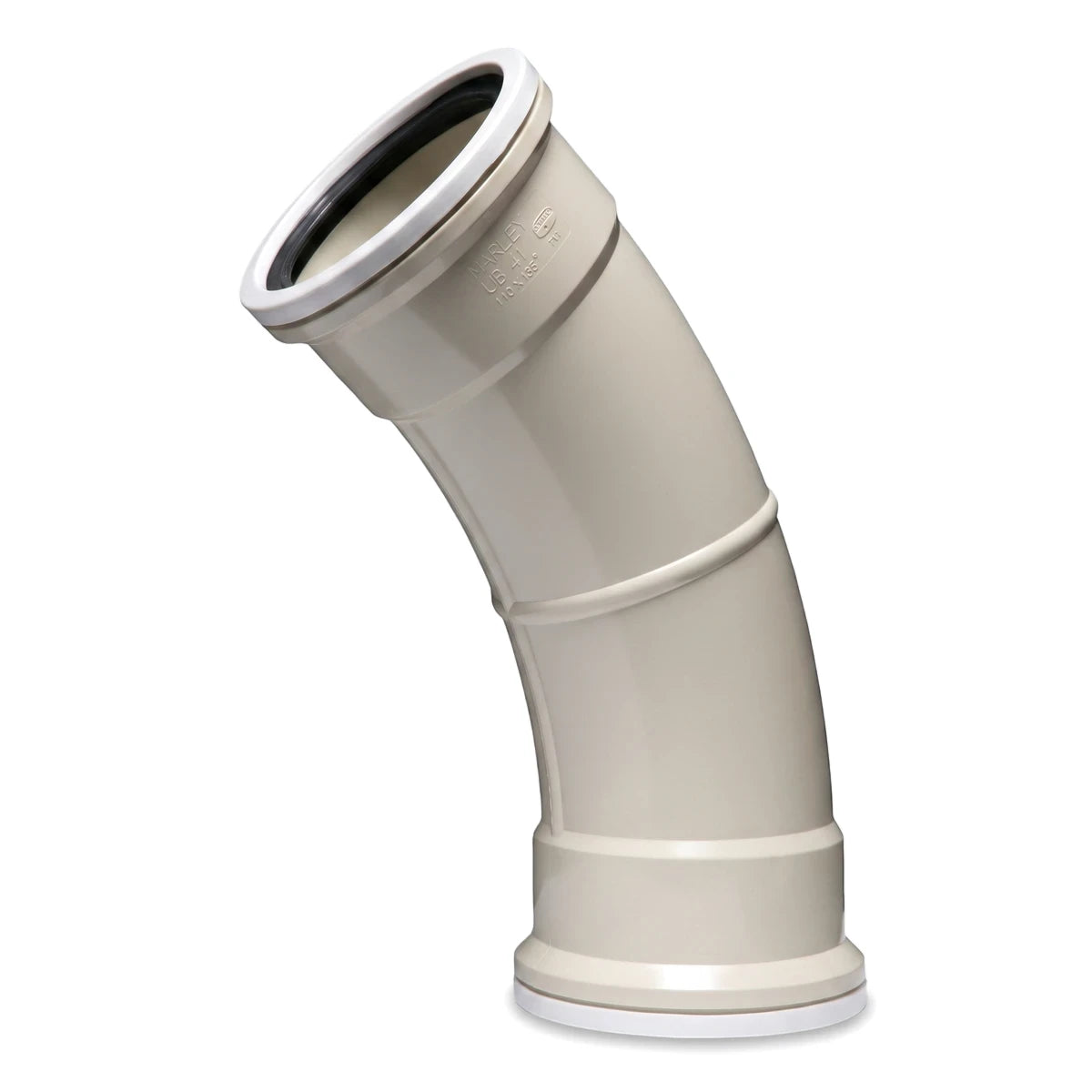 Light beige PVC plain bend pipe fitting, 110mm x 45-degree, used in plumbing and drainage systems.