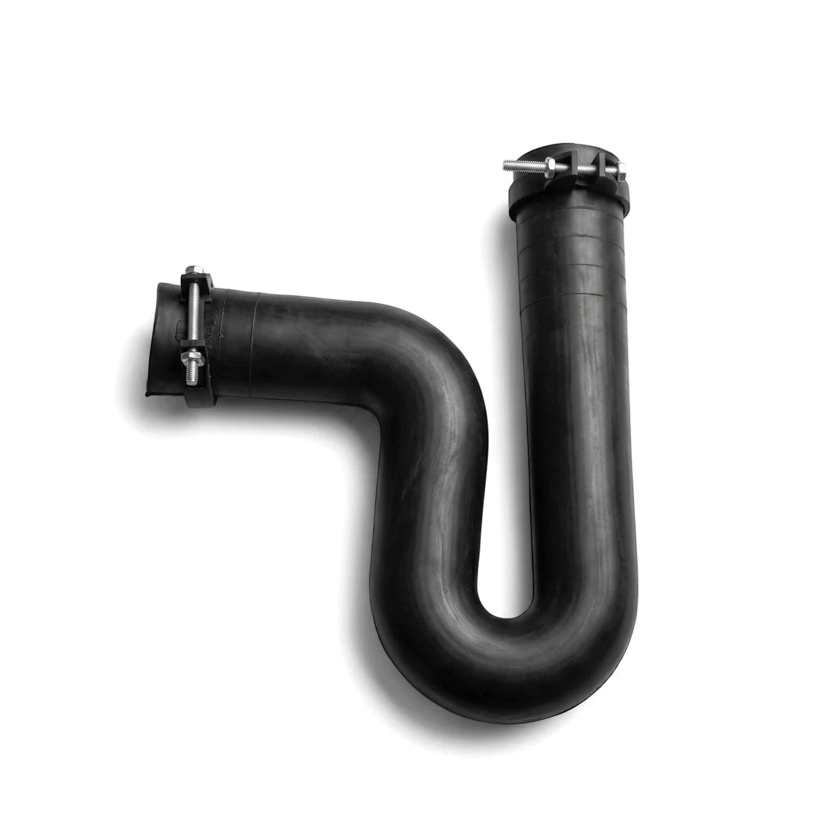 Plain black P-trap pipe, 32mm x 40mm, with two silver metal clamps, designed for plumbing applications, shown against a
