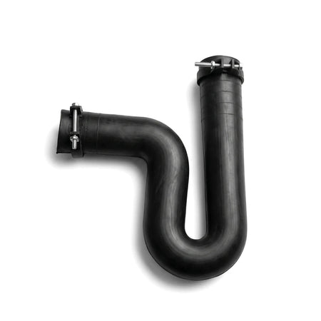 Plain black P-trap pipe, 32mm x 40mm, with two silver metal clamps, designed for plumbing applications, shown against a