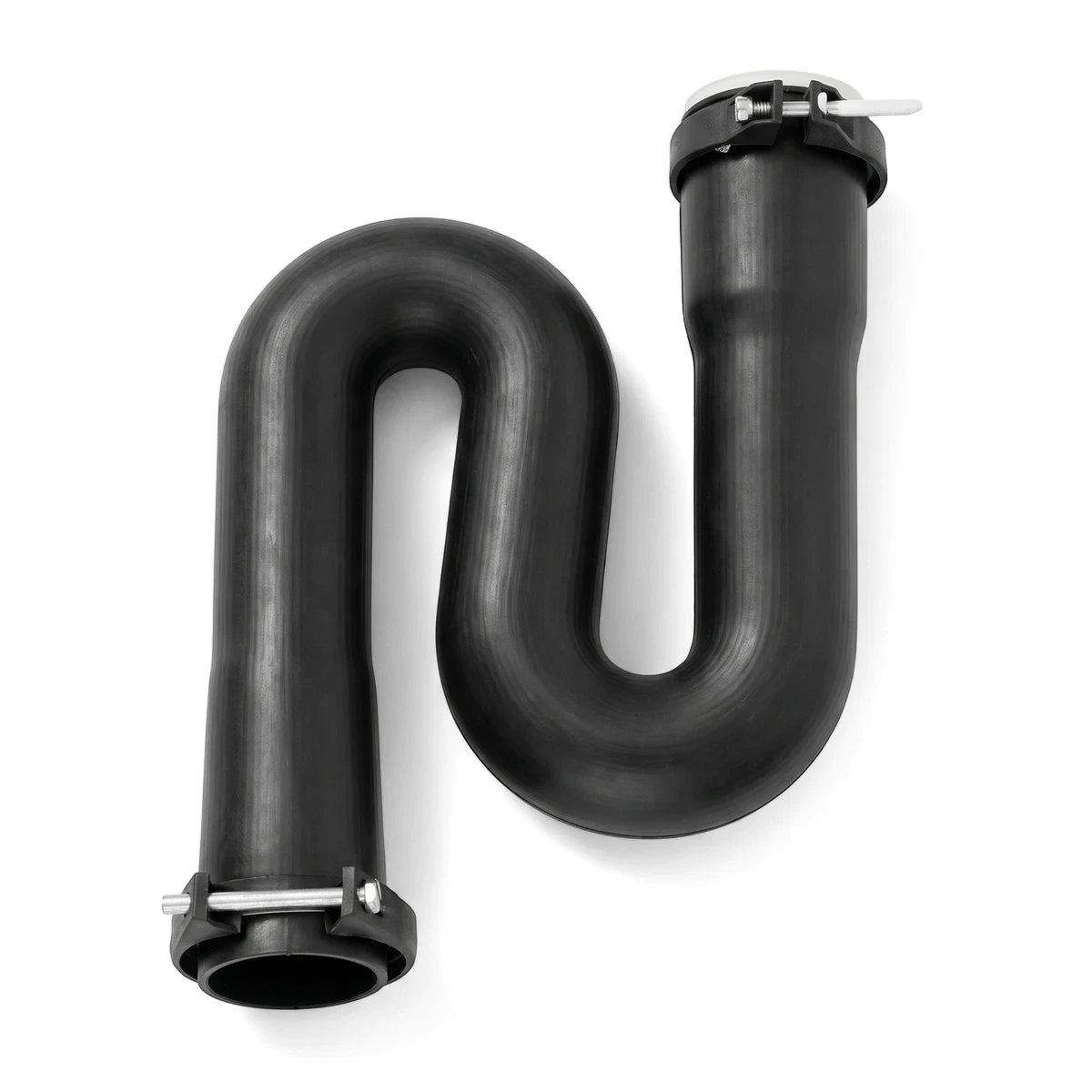 Plain black 40mm x 40mm S-trap plumbing pipe with metal clamps, essential for drainage systems.