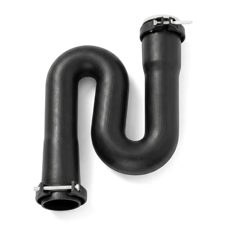 Plain black 40mm x 40mm S-trap plumbing pipe with metal clamps, essential for drainage systems.