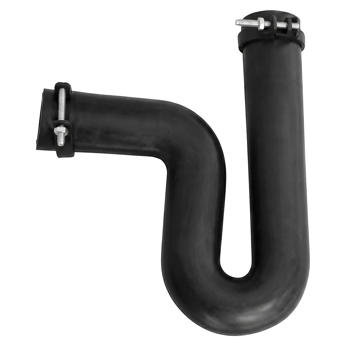 Black plain P-trap plumbing pipe, 40mm by 40mm, featuring a U-shaped design with two metal clamps, isolated on a white