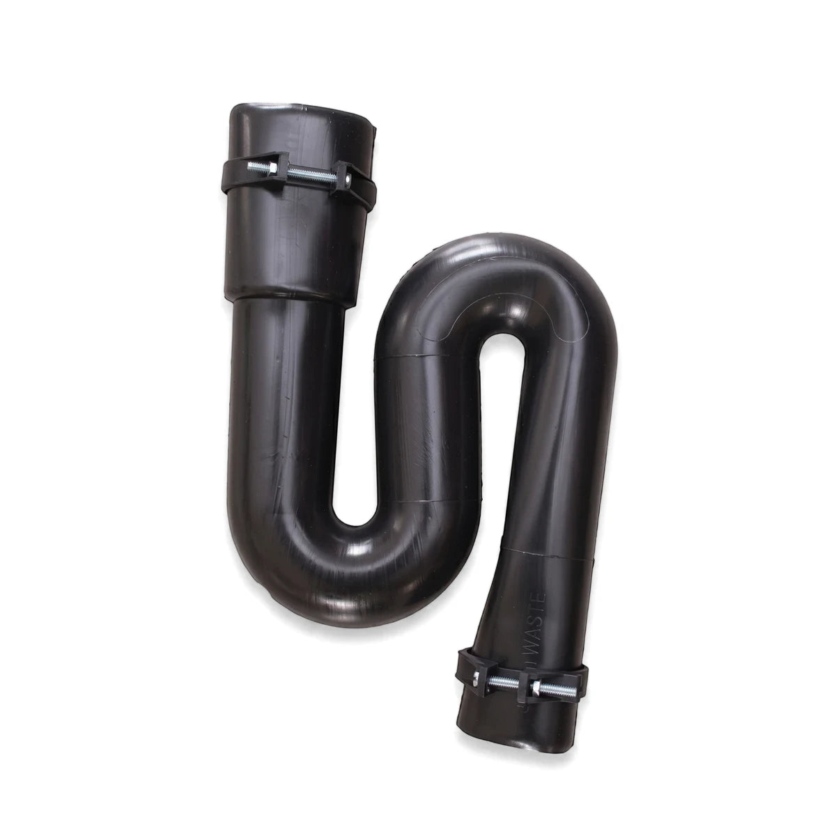 Black S-trap plumbing pipe, 32mm x 32mm, featuring an S-shaped design with two metal clamps, displayed vertically.