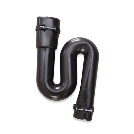 Black S-trap plumbing pipe, 32mm x 32mm, featuring an S-shaped design with two metal clamps, displayed vertically.