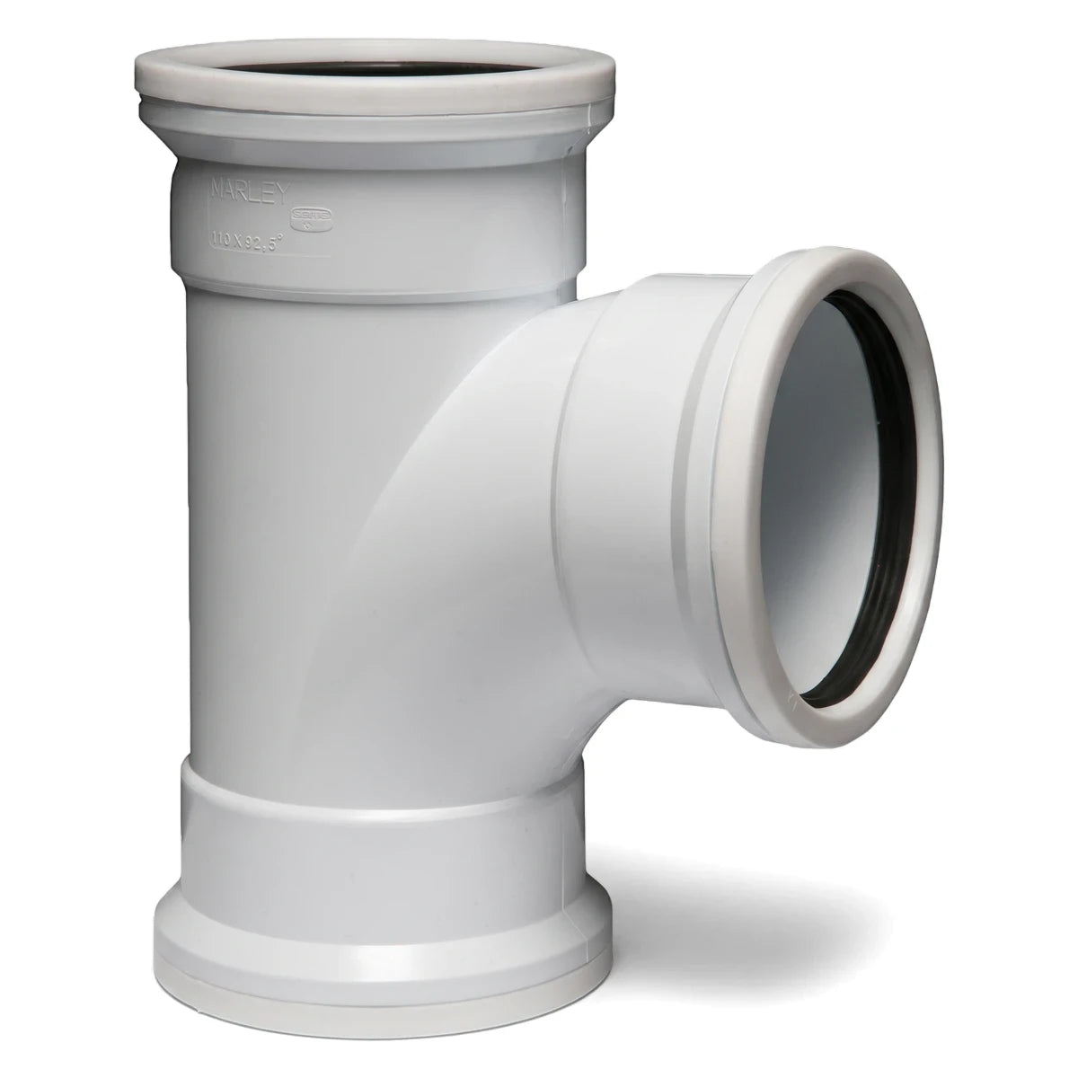 White plastic Marlex plain single junction pipe fitting, 110mm x 92.5 degrees, for plumbing applications.