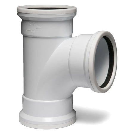 White plastic Marlex plain single junction pipe fitting, 110mm x 92.5 degrees, for plumbing applications.