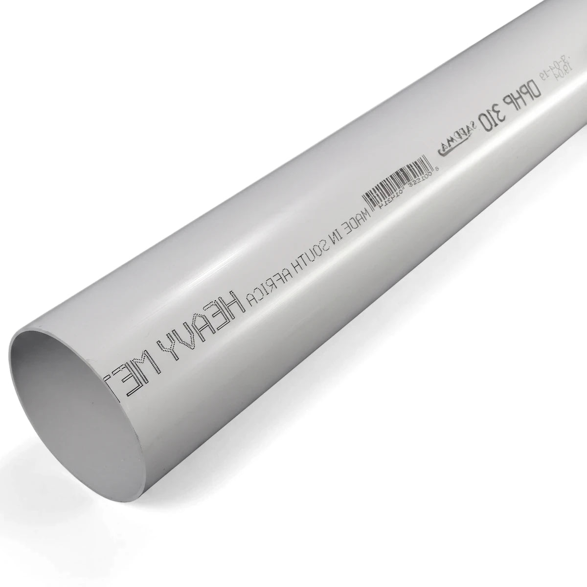 Plain white 80mm PVC downpipe with visible black branding and barcode, angled diagonally from bottom-left.