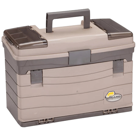 Beige and gray Plano multi-level plastic tool and tackle case with a top handle, viewed from an angle.