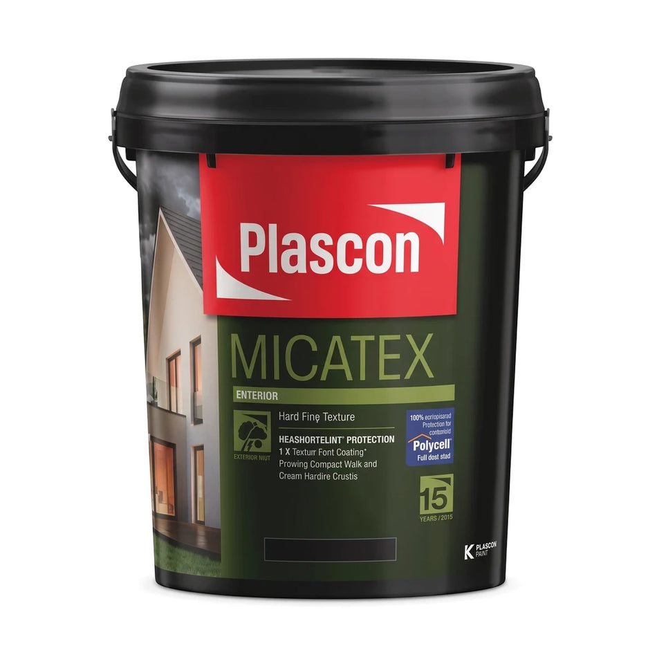 Black Plascon Micatex 20L paint bucket for hard fine texture coating against a white background.