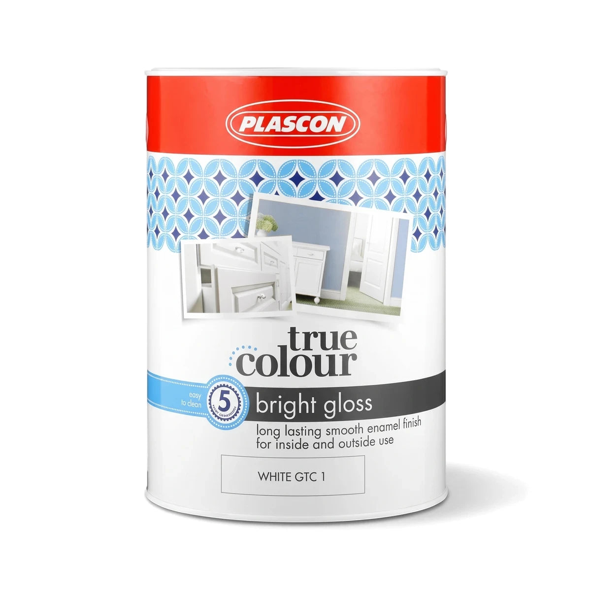 Plascon True Colour Bright Gloss white paint can, a long-lasting enamel finish for inside and outside use.
