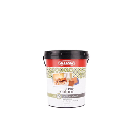 Plascon True Colour Brilliant Sheen paint bucket in red and white with a black lid, displaying product details and color