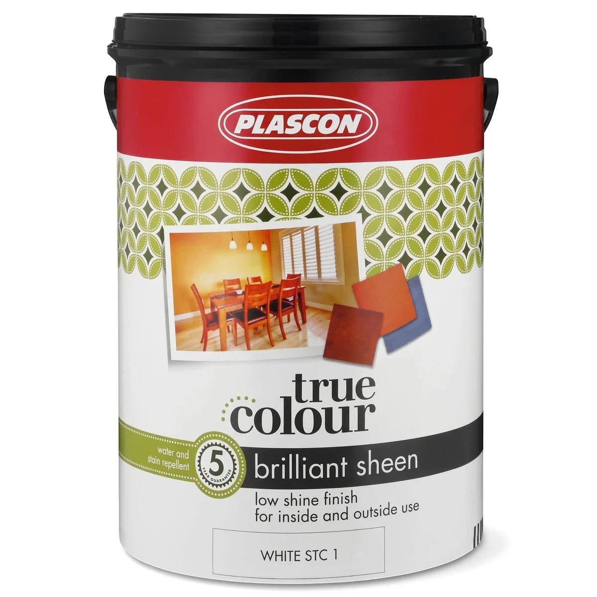 White Plascon True Colour Brilliant Sheen paint can with a black lid and red and green label, for interior and exterior use.
