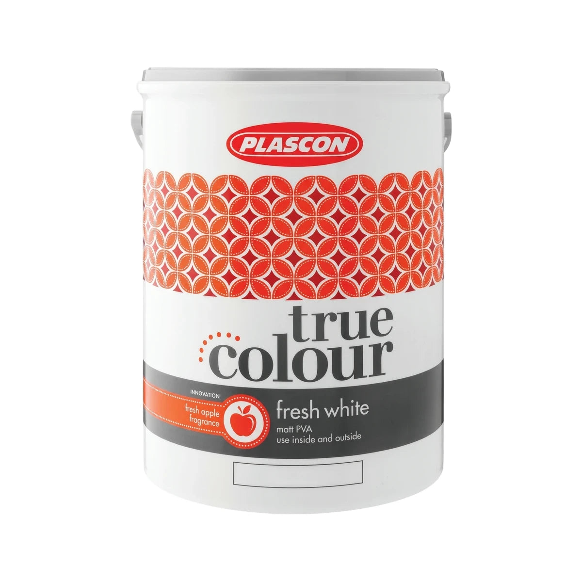 Plascon True Colour Fresh White matt PVA paint bucket with fresh apple fragrance, shown from a slightly elevated view.
