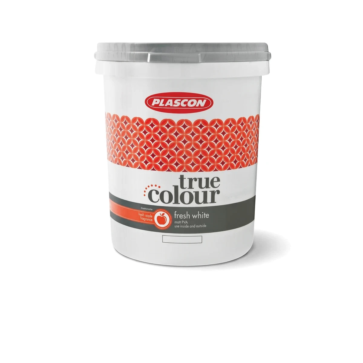 Plascon True Colour Fresh White paint in a large white plastic bucket with a gray lid, featuring brand logos and product
