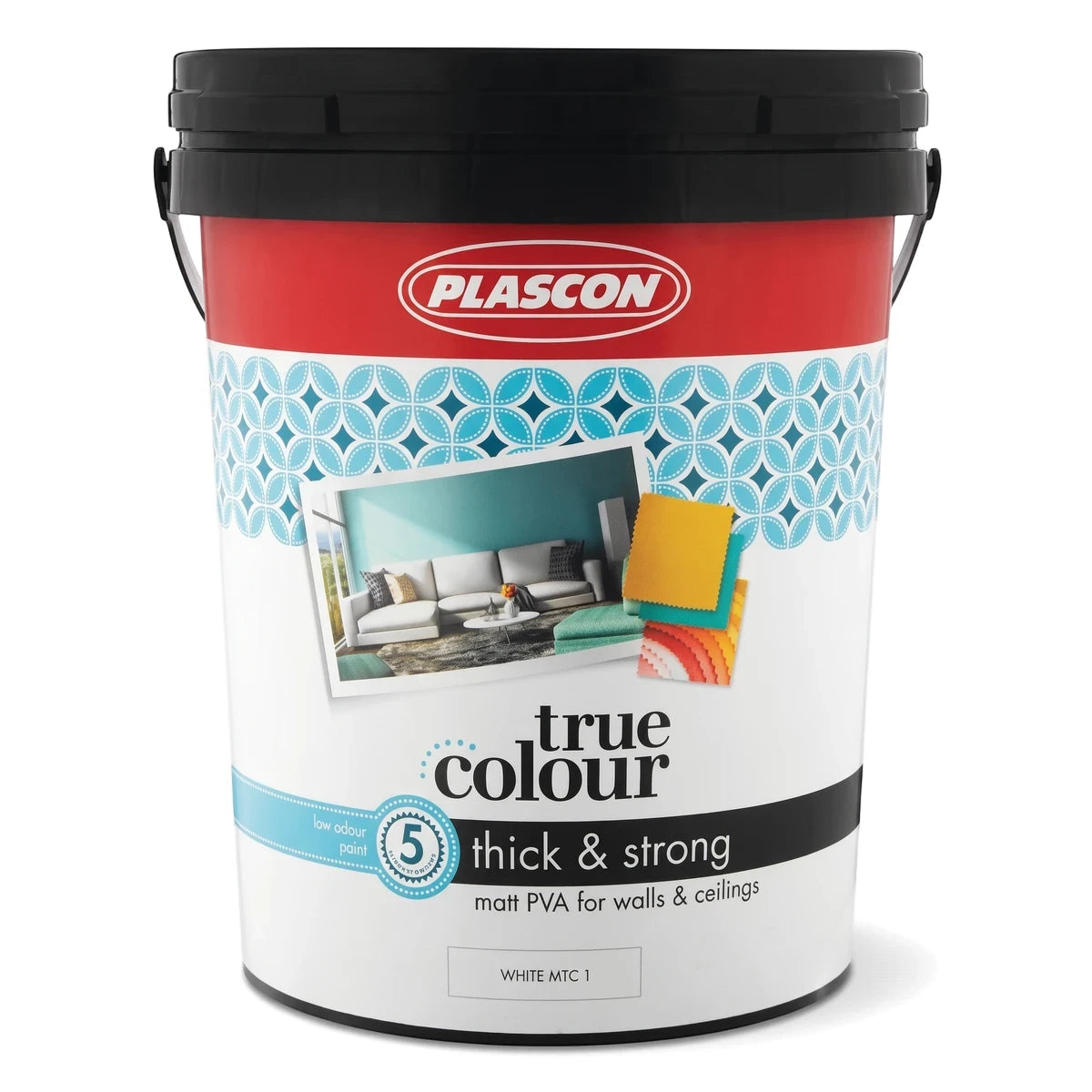 Plascon True Colour Thick & Strong white matt PVA paint bucket for walls & ceilings with red branding and black lid.