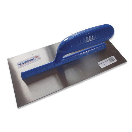 280mm plaster trowel featuring a durable silver metal blade and a comfortable blue ABS handle, designed for professional use.