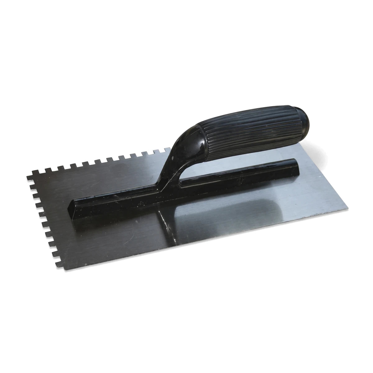 Plastic square notch trowel with an 8x8mm serrated edge, featuring a black handle and a silver blade, for adhesive