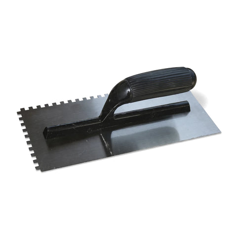 Plastic square notch trowel with an 8x8mm serrated edge, featuring a black handle and a silver blade, for adhesive