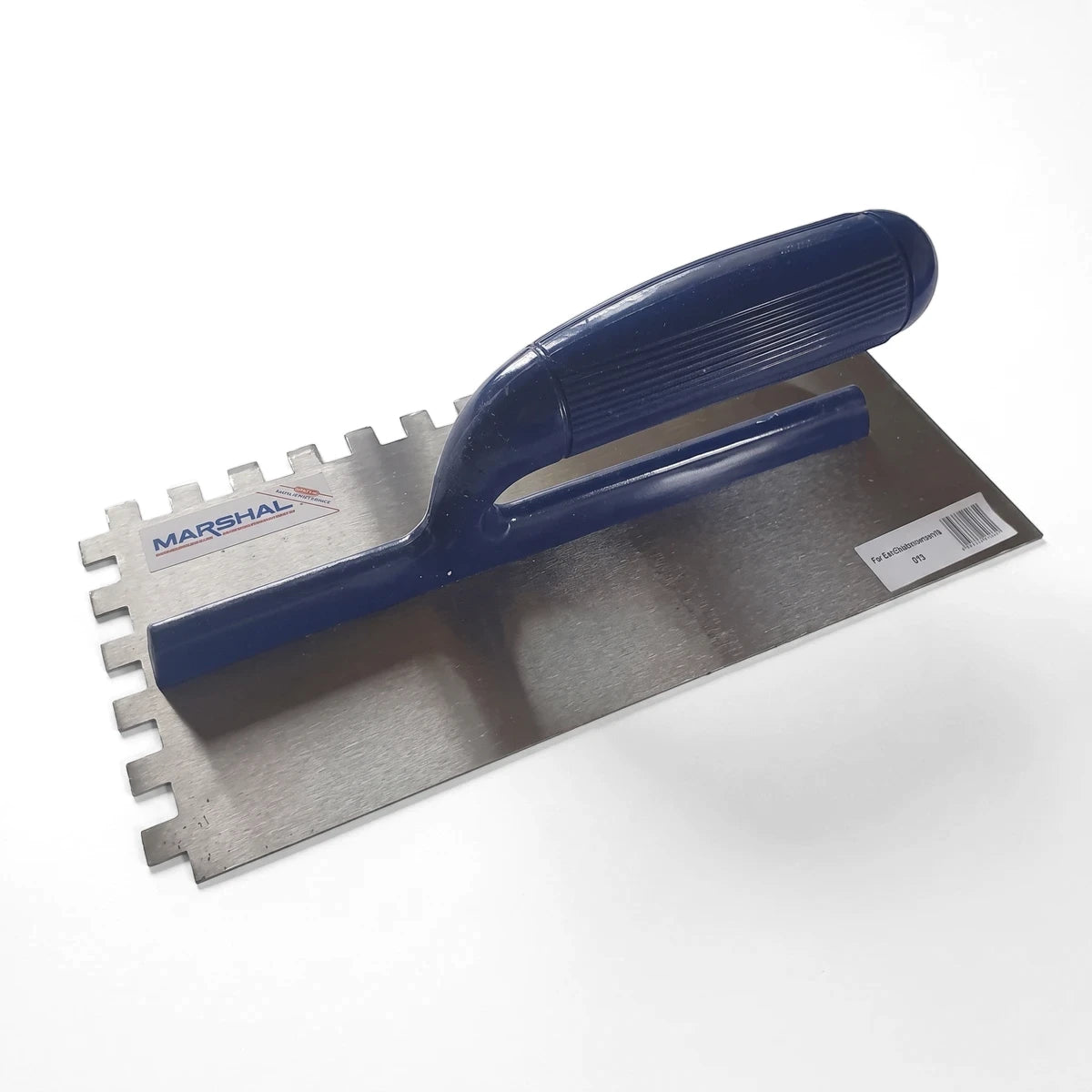 Plastic square notch trowel with a blue ergonomic handle and a silver metal blade, featuring 6x6mm notches for tiling