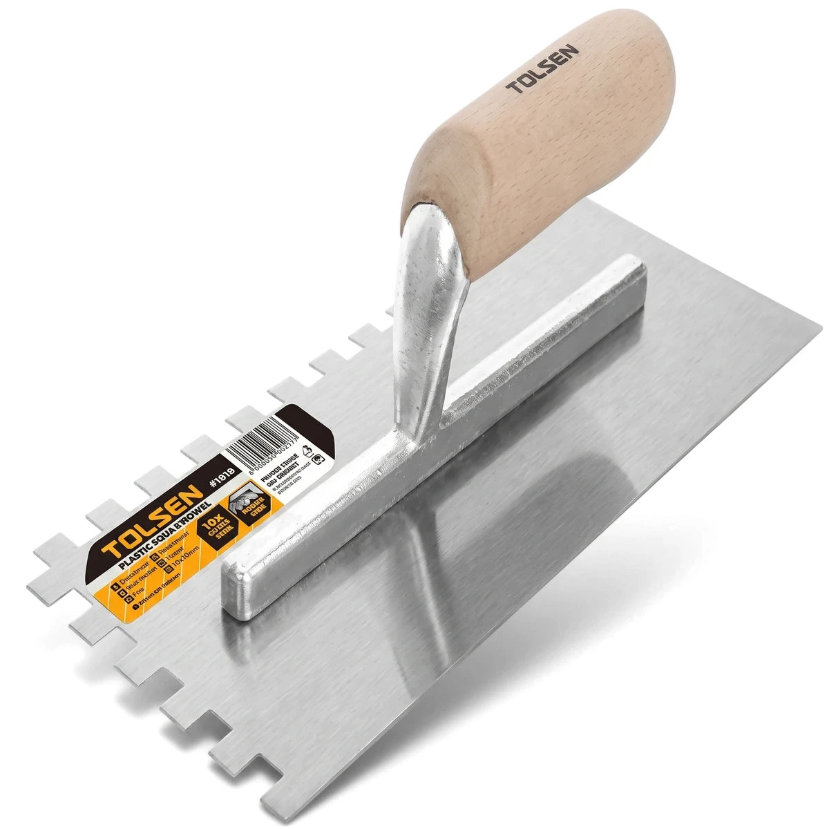 A silver plastic square notch trowel with a wooden handle and 10x10mm notches for tile setting.