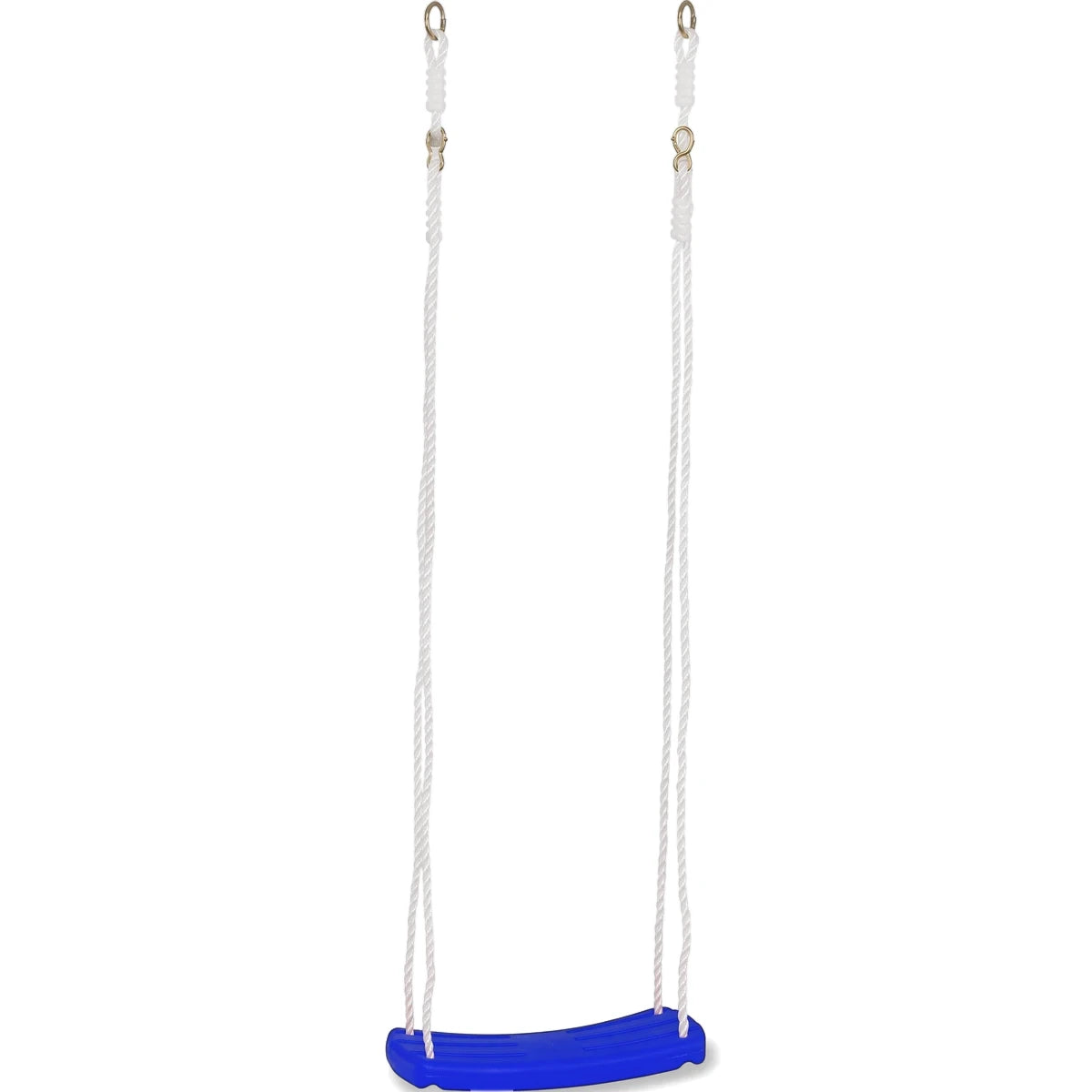 Plastic Swing Seat - Blue with curved blue plastic seat and two white hanging ropes for outdoor play