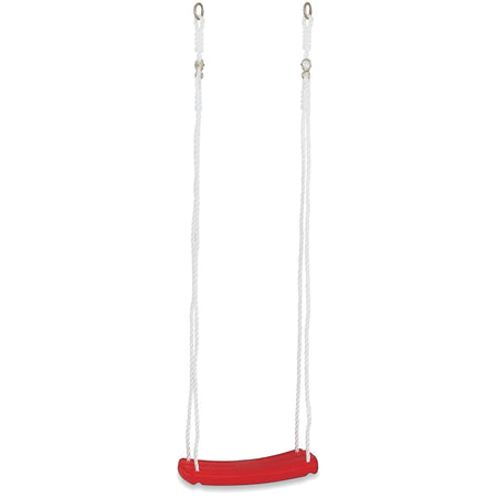 Red plastic swing seat with white twisted ropes for children's outdoor playground equipment.