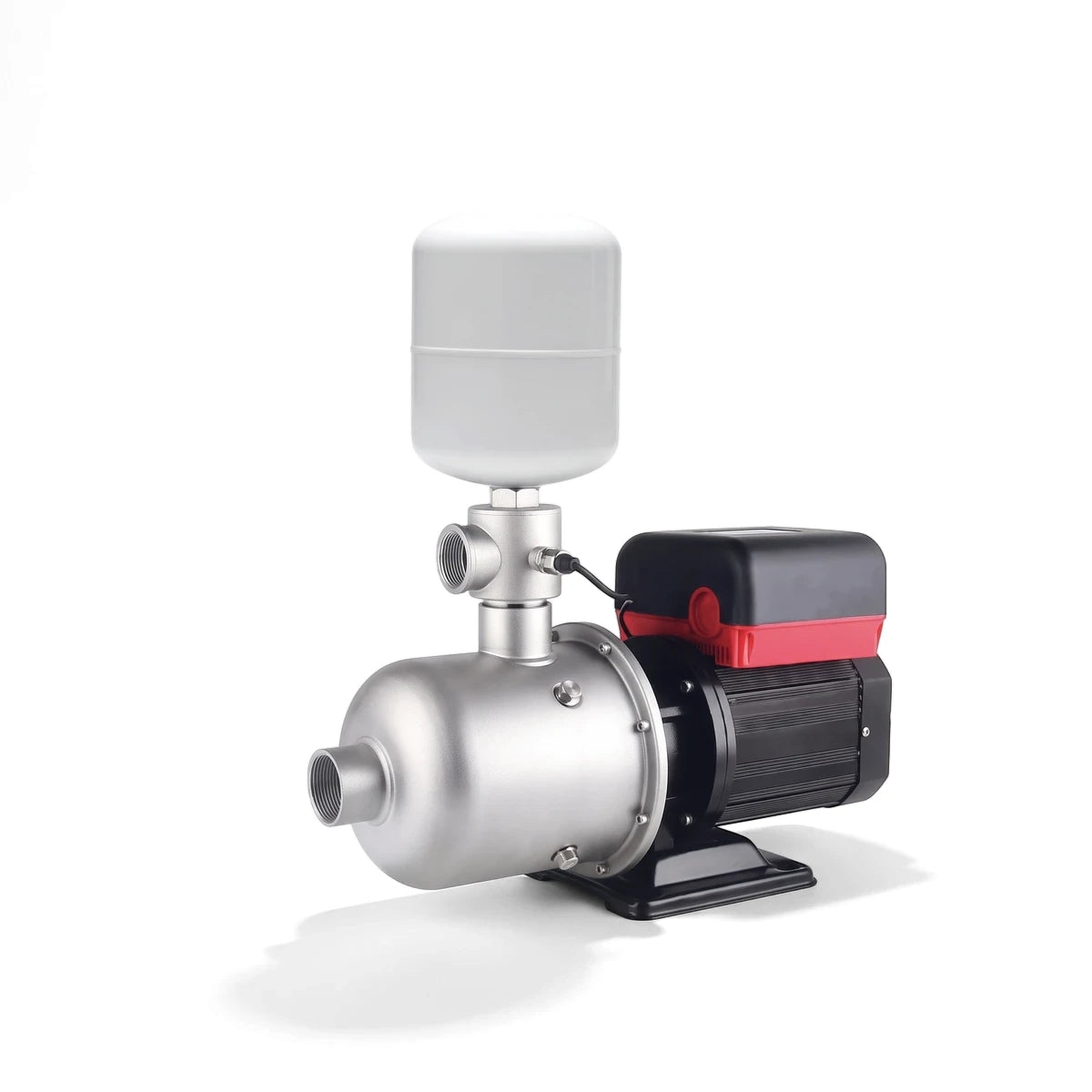 A silver and black PMC Booster Pump 4-30 0.9KW Horizontal with a white pressure tank on top, viewed from the front.