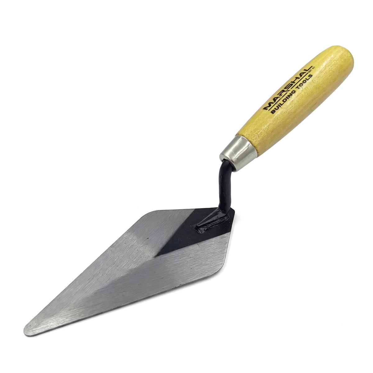 A 150mm pointing trowel with a shiny metal blade, a black neck, and a natural wooden handle, shown at an angle against a