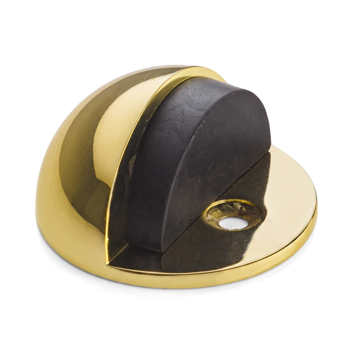 Polished brass half-moon door stop with a black rubber bumper, shown from a slightly elevated front view. Functional home