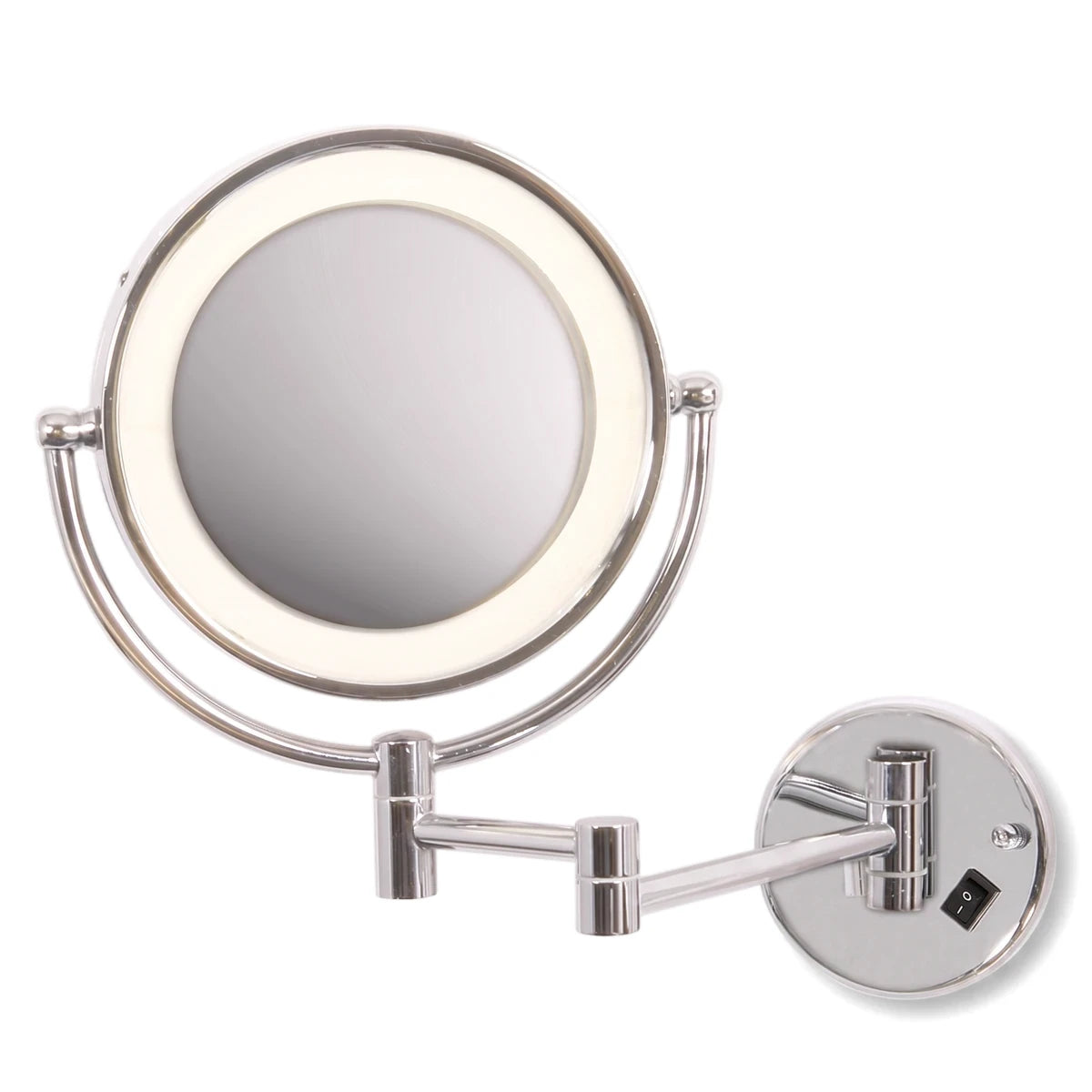 Polished chrome magnifying mirror wall light with an illuminated LED ring and a black on/off switch on its round wall mount.