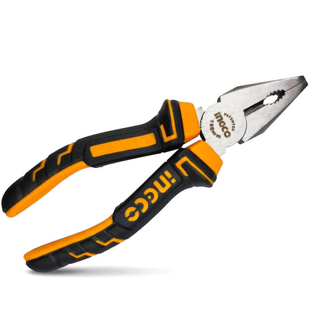 Polished Combination Pliers, 160mm, featuring ergonomic black and orange handles and a durable metallic head, displayed on a