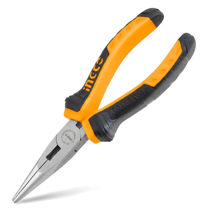 Polished long nose pliers with orange and black ergonomic handles, measuring 160mm, displayed at an angle.