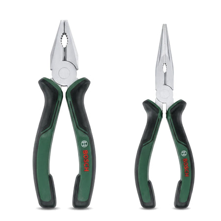 A two-piece set of polished pliers featuring green and black ergonomic handles, including one combination plier and one