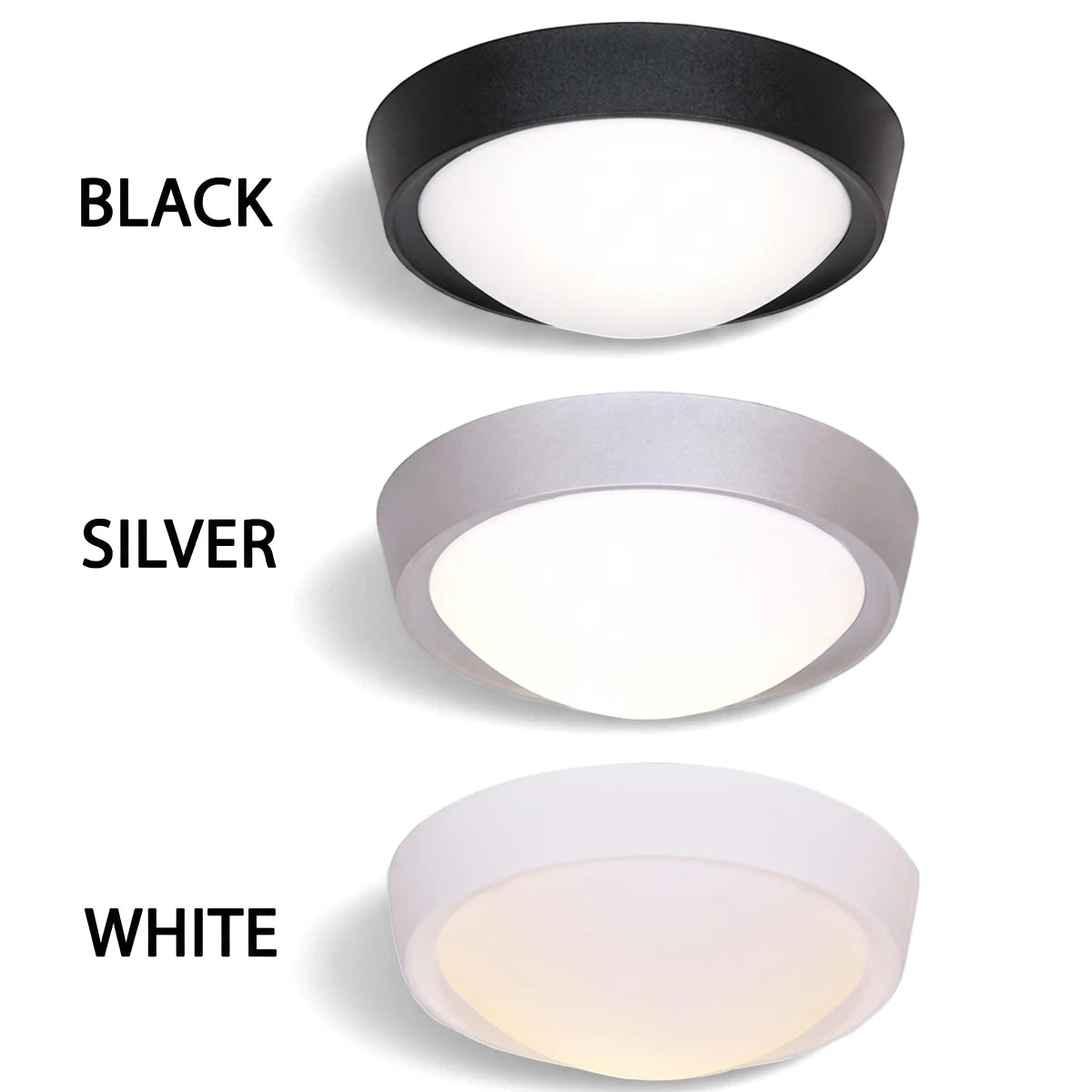 Three Poly Base With Opal Poly Cover CF099 light fittings in black, silver, and white finishes, front view.
