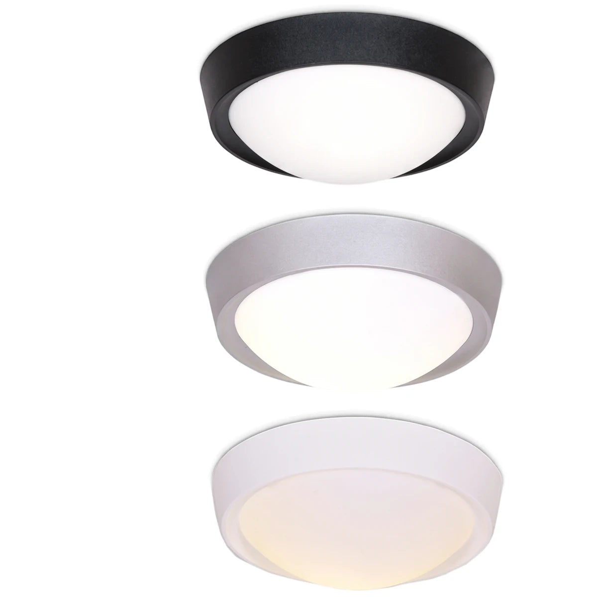 Three round ceiling light fixtures: one black, one silver, and one white, each with an opal poly cover, arranged vertically.