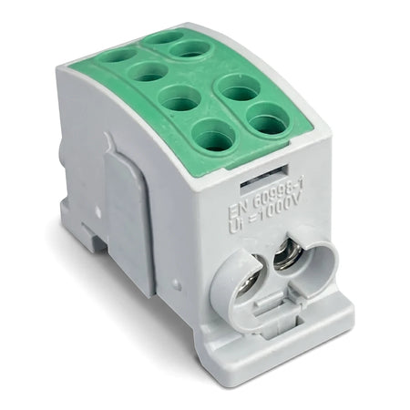 White and green polyamide interlockable terminal block for din rail mounting, showing screw terminals and voltage ratings.