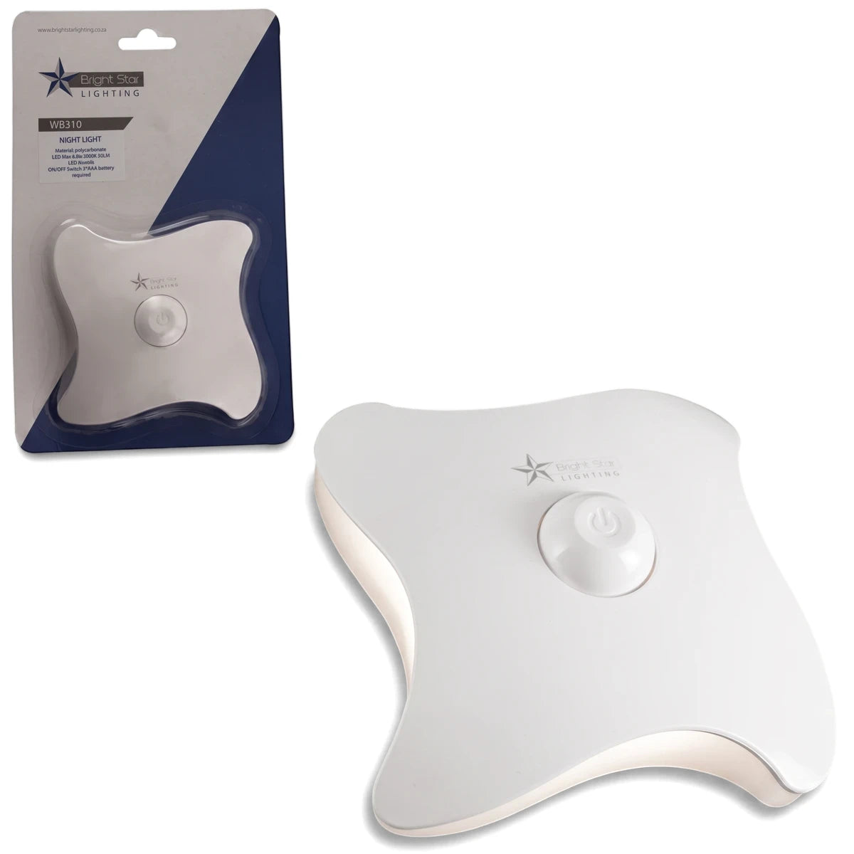 Polycarbonate night light with on/off switch, 0.8W, in a white star shape, shown with one unit in packaging and one out of
