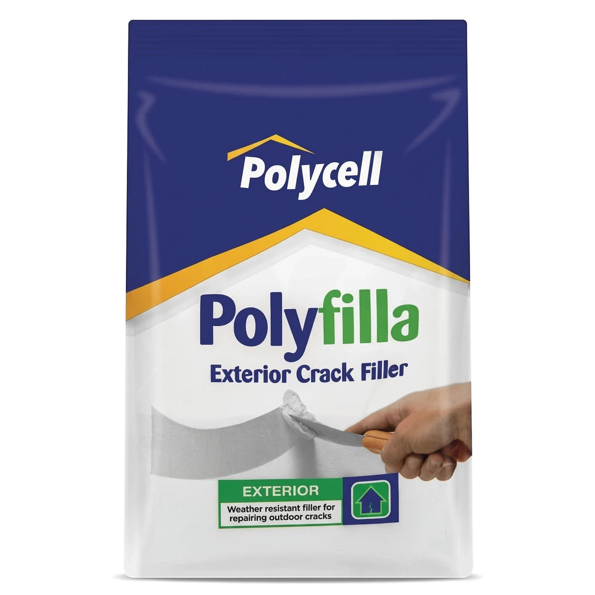 Polycell Polyfilla Exterior Crack Filler in a white and blue pouch for weather-resistant outdoor crack repair.