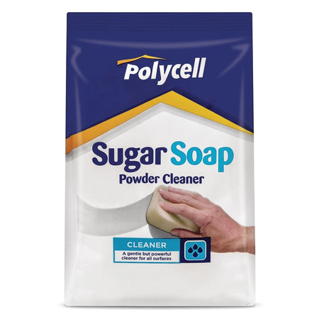 Polycell Sugar Soap Powder Cleaner in a blue and white pouch featuring a graphic of a hand cleaning with a sponge.