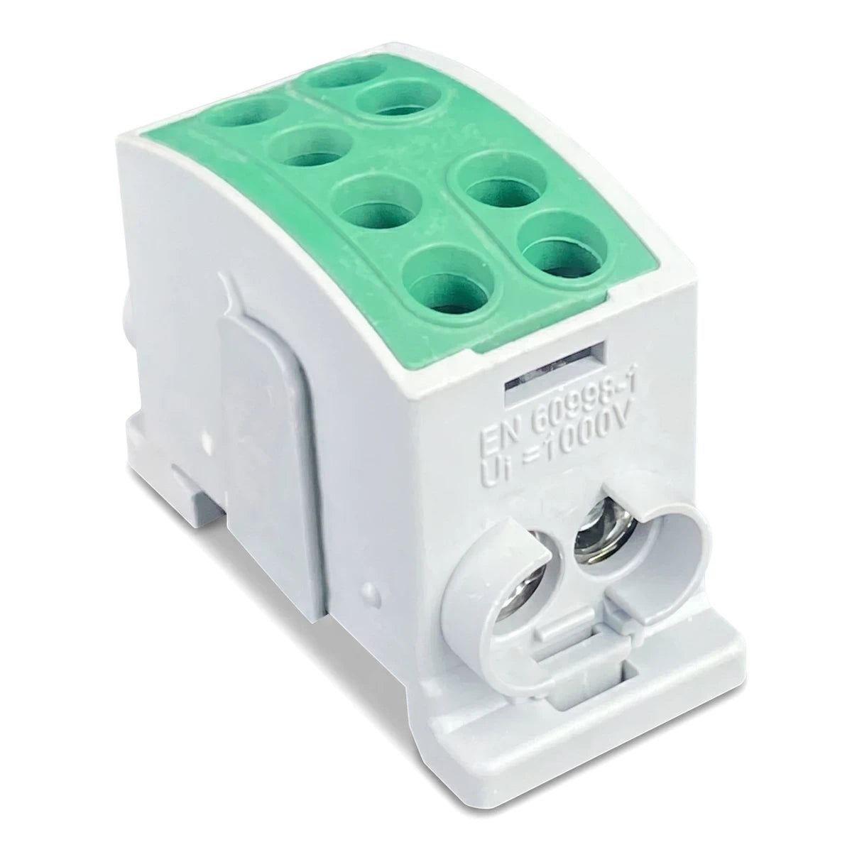 White and green polymide interlockable terminal block, din rail mount, for electrical connections, shown from a slightly
