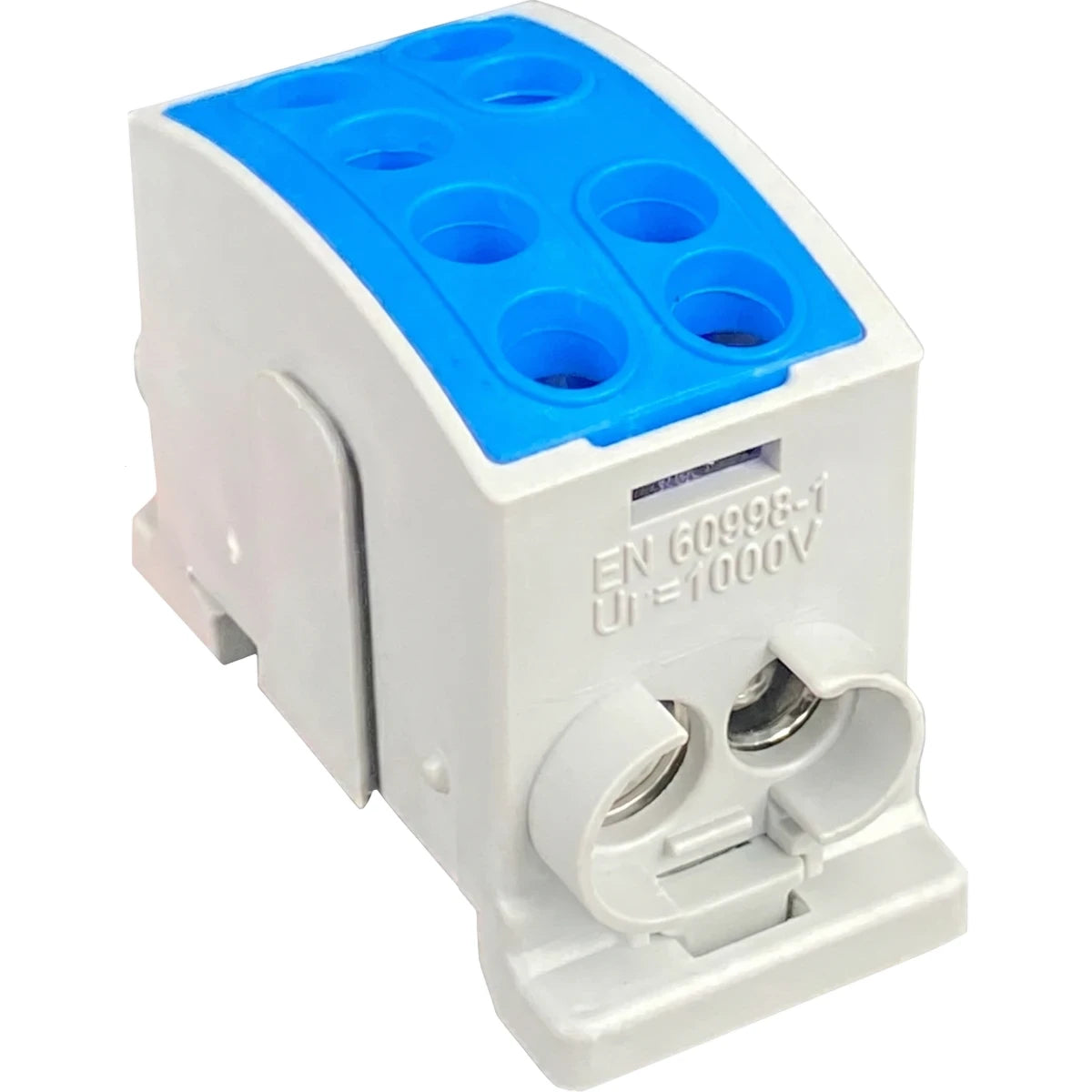 Polymide interlockable terminal block-DIN rail mount, white and blue, featuring multiple connections and clear voltage